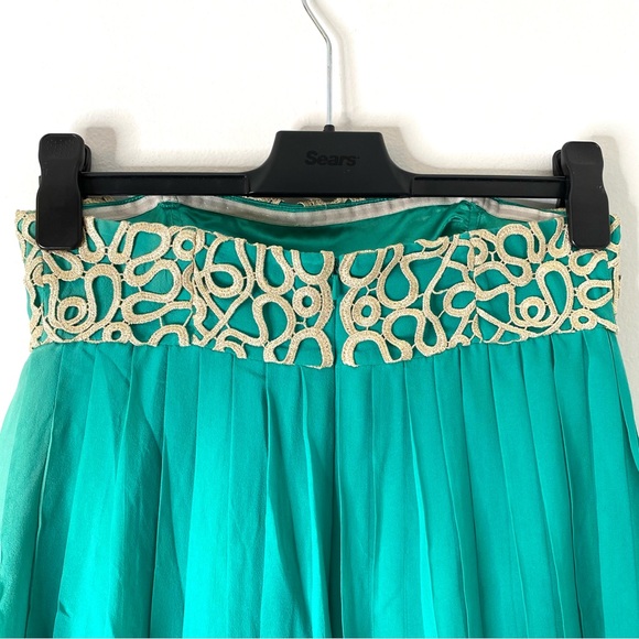 Lilly Pulitzer Aqua Green Silk Pleated Embroidered Gold Lace Strapless Dress - Picture 7 of 17